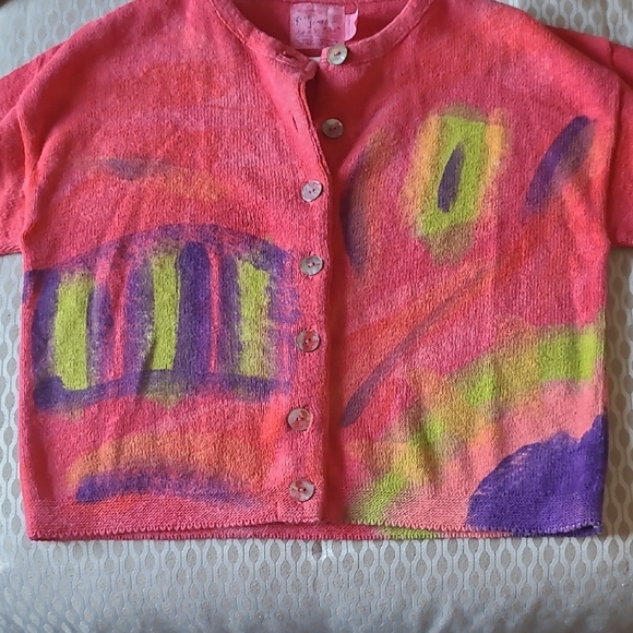 Sloop Jones Abstract Hot Pink Green Women's Cardigan. Hand Painted. Oversized. - Picture 10 of 16